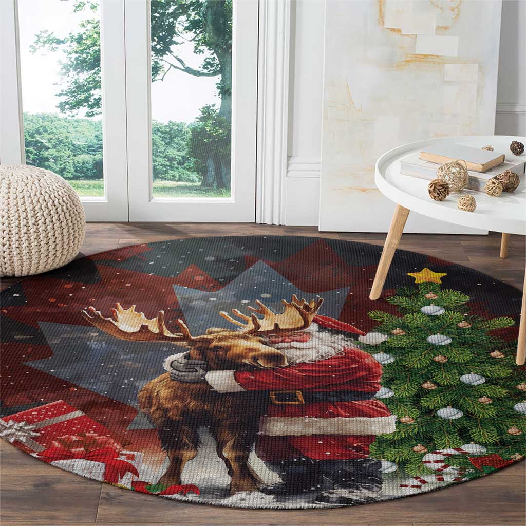 Black round rug corner view with Santa hugging moose, pine tree, and scattered stars