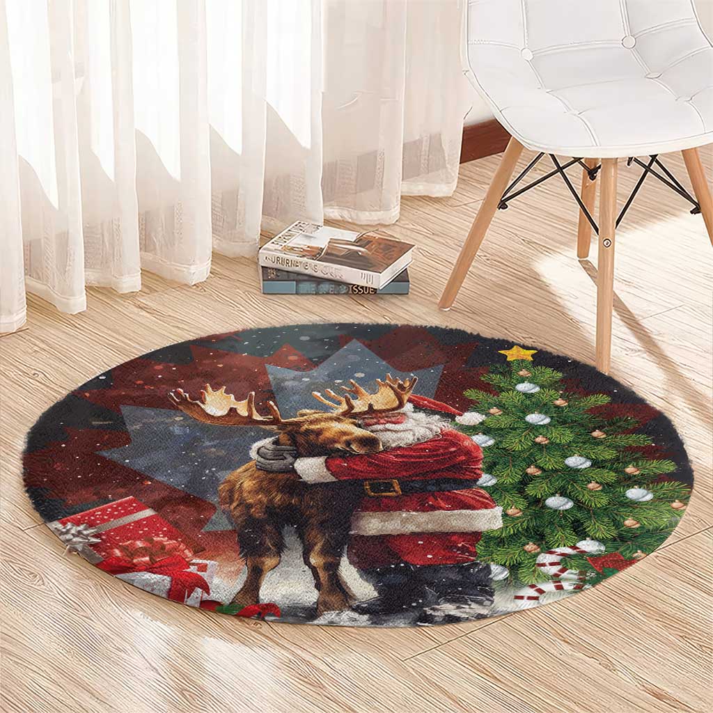 Black round Christmas rug on wood floor, featuring Santa hugging moose and pine trees