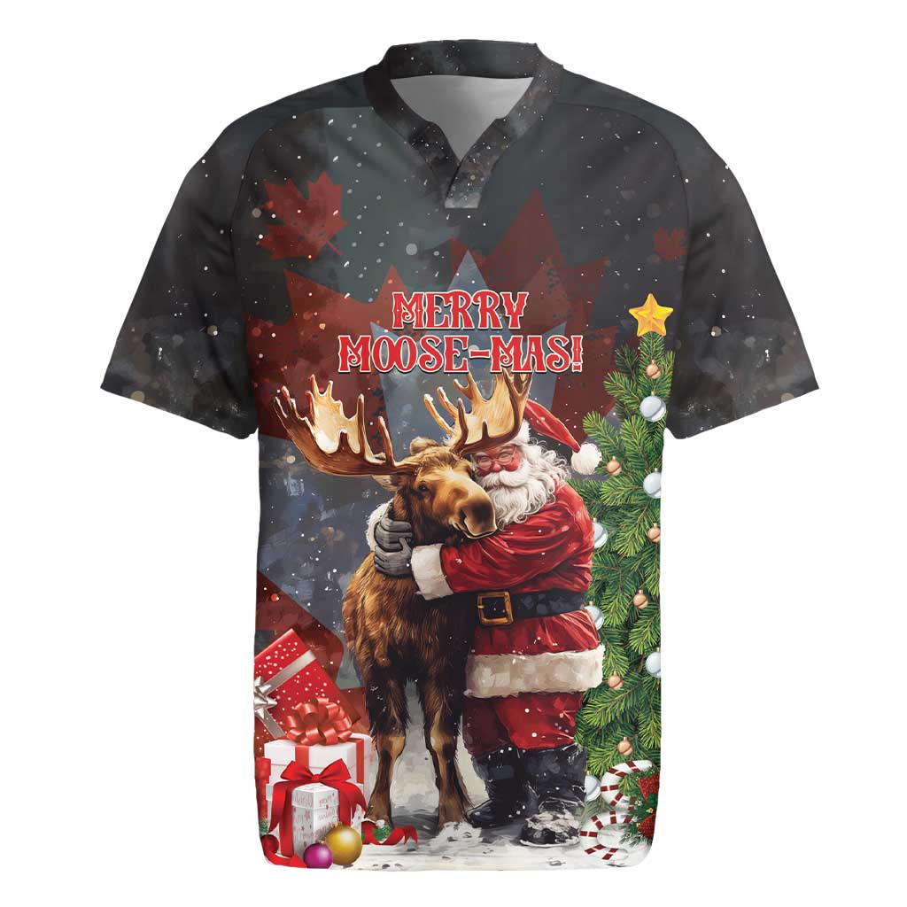 Christmas Canada Rugby Jersey Merry Moose-Mas Santa Hugging A Moose