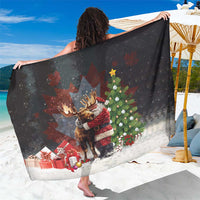 Black Christmas sarong with Santa hugging a moose and holiday trees and stars