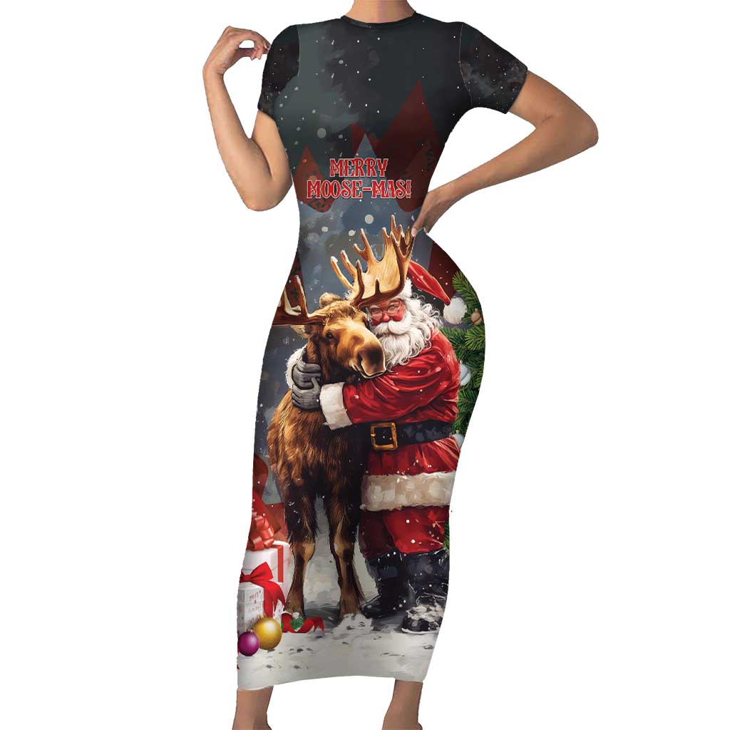 Christmas Canada Short Sleeve Bodycon Dress Merry Moose-Mas Santa Hugging A Moose - Wonder Print Shop