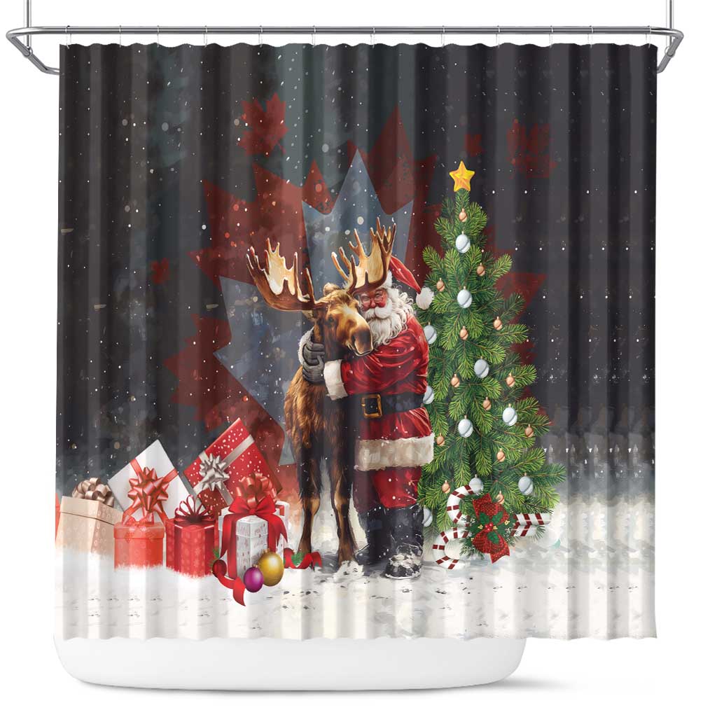 Christmas Canada Shower Curtain Merry Moose-Mas Santa Hugging A Moose