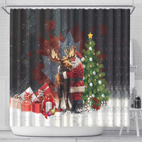 Black Christmas shower curtain with Santa hugging moose, decorated tree and wrapped gifts