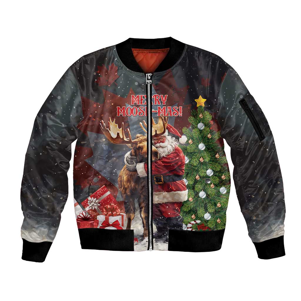 Christmas Canada Sleeve Zip Bomber Jacket Merry Moose-Mas Santa Hugging A Moose