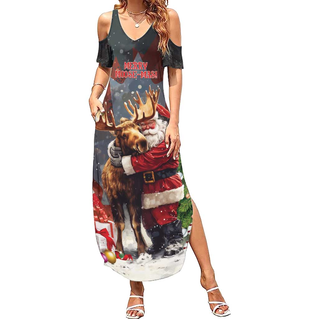 Christmas Canada Summer Maxi Dress Merry Moose-Mas Santa Hugging A Moose - Wonder Print Shop