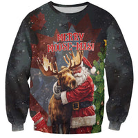 Black Christmas sweatshirt with 'Merry Moose-Mas' text, Santa hugging a moose