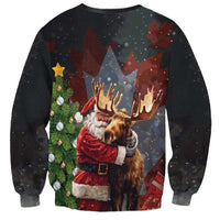 Black Christmas sweatshirt with Santa and moose graphic, large antlers and star accents