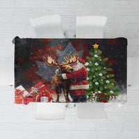 Christmas tablecloth with Santa hugging a moose and winter forest gift print, dark background