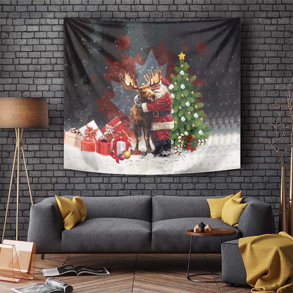 Black holiday tapestry featuring Santa hugging a moose with presents and a decorated tree.