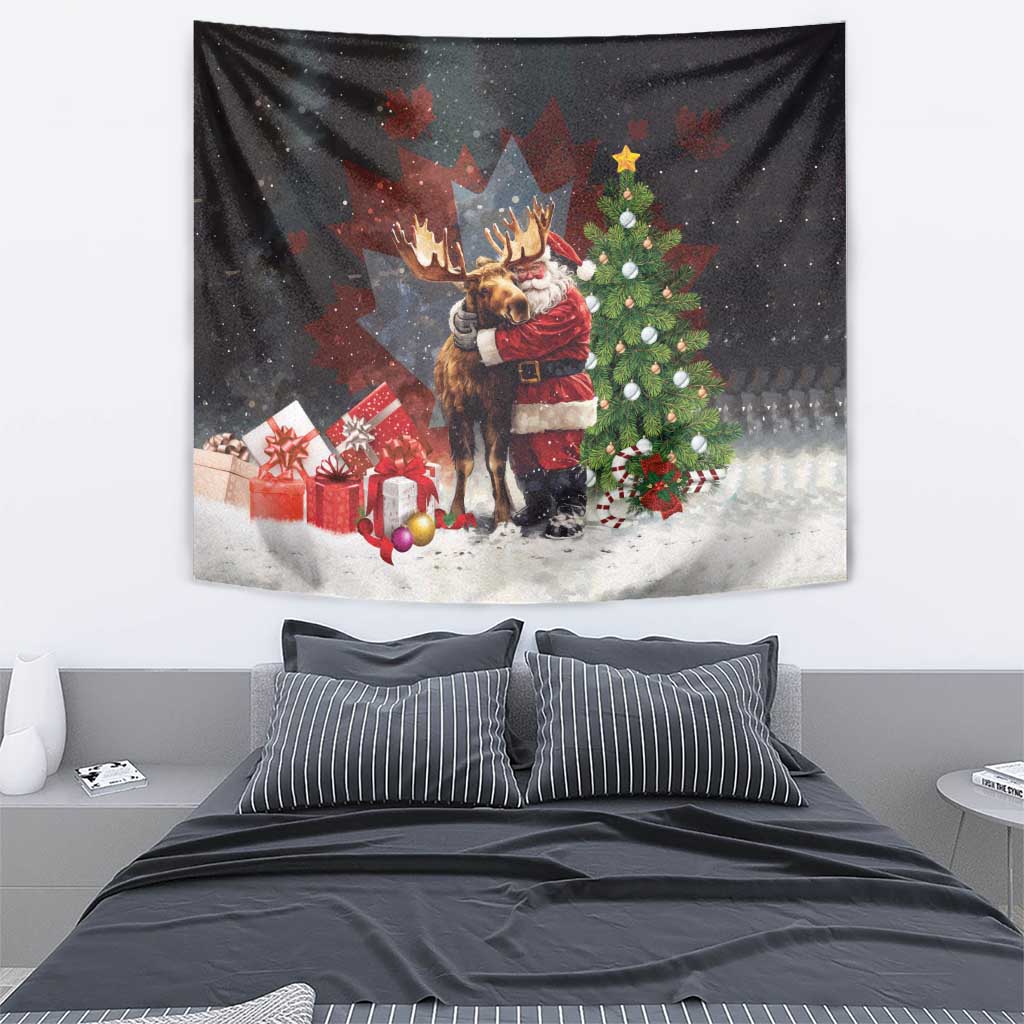 Black Christmas tapestry with Santa hugging a moose, gifts, snow, and a decorated tree.