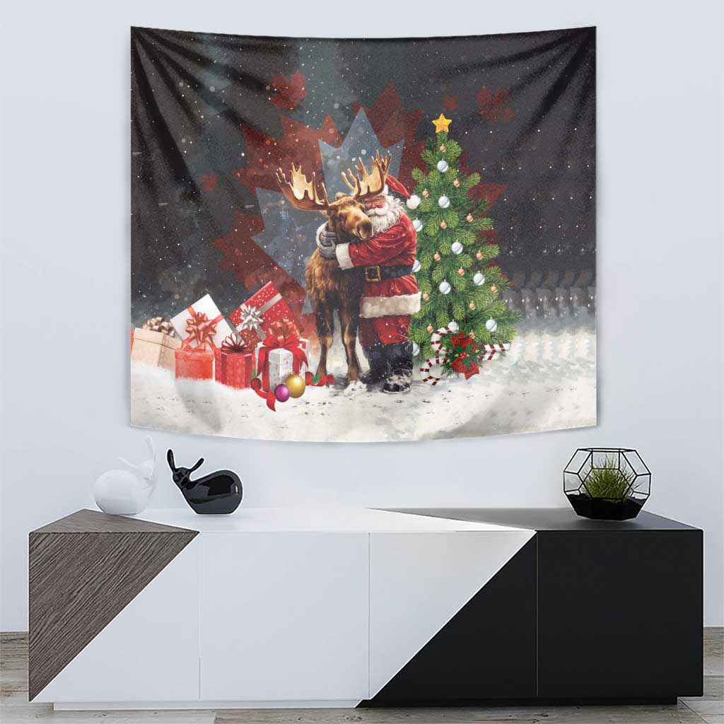 Black holiday tapestry showing Santa hugging a moose beside presents and a Christmas tree.