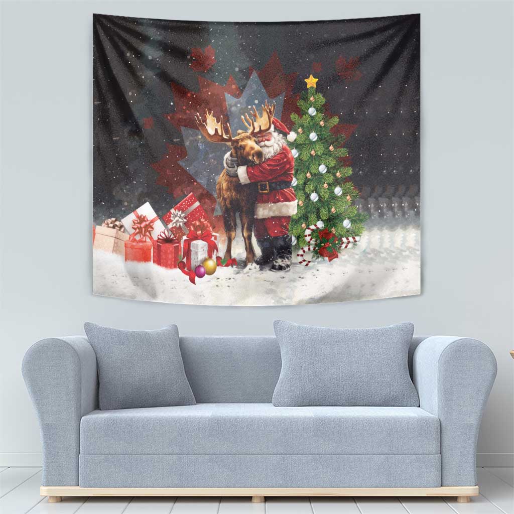 Black Christmas tapestry with Santa hugging a moose, gift boxes, and a decorated tree.