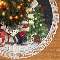 Black round tree skirt featuring Santa and moose illustration with white fringed edge