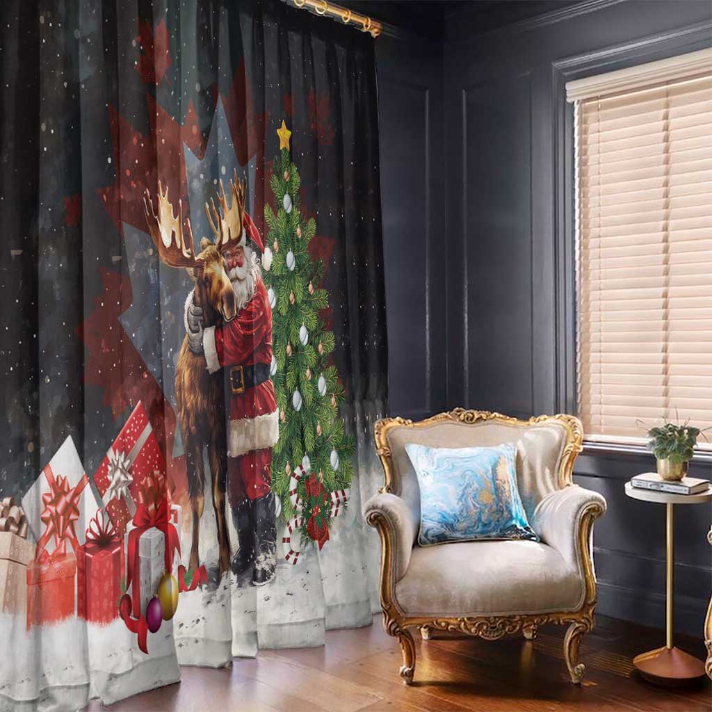 Black Christmas window curtain panels showing Santa hugging a moose and a decorated tree