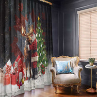 Black Christmas window curtain panels showing Santa hugging a moose and a decorated tree