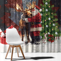 Black Christmas curtain panel with moose and Santa figures plus Christmas tree and gifts