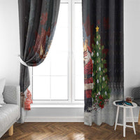 Black Christmas curtain panels with Santa and moose near a decorated tree design