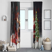 Black Christmas window curtain panels with moose, Santa, gifts, and a tall holiday tree