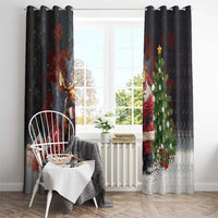 Black Christmas window curtain panels with Santa, moose, and decorated Christmas tree print