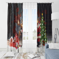 Black Christmas window curtain panels with Santa and moose beside a decorated tree