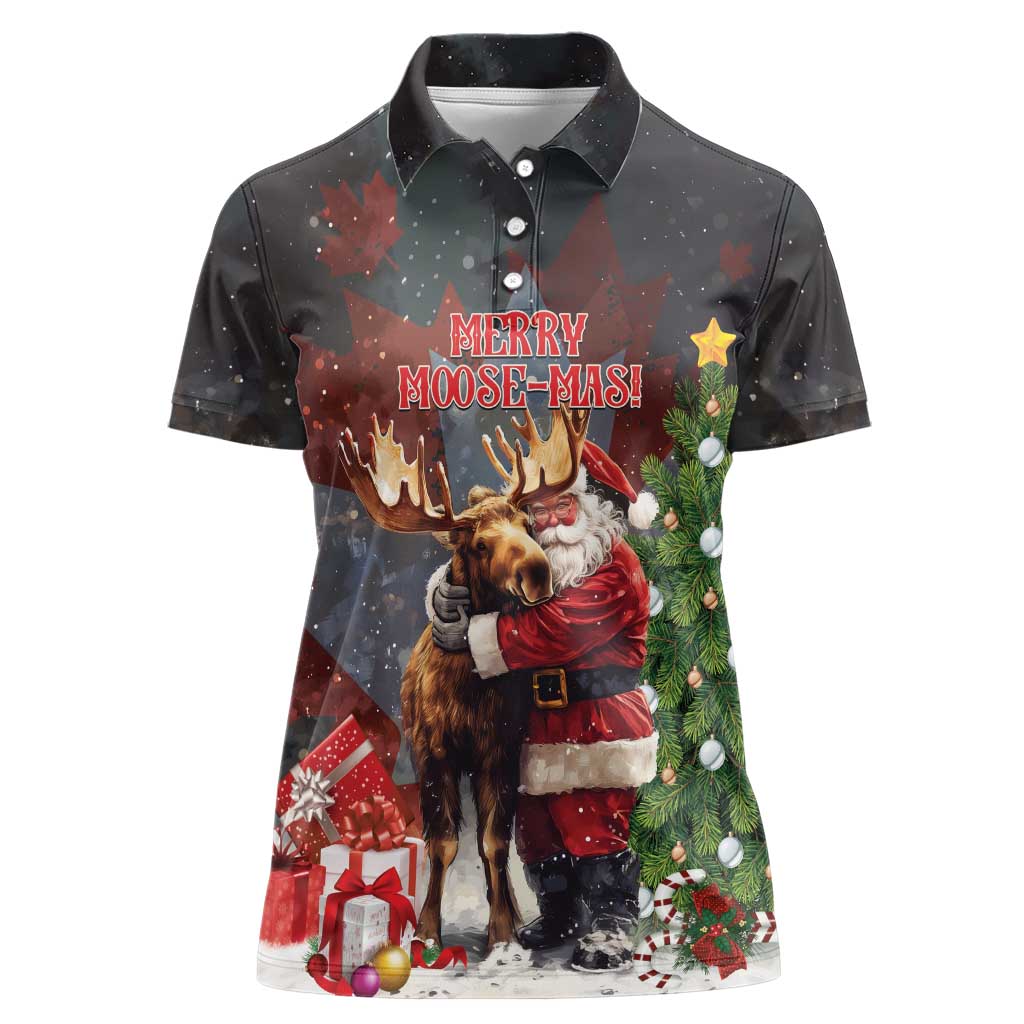 Christmas Canada Women Polo Shirt Merry Moose-Mas Santa Hugging A Moose - Wonder Print Shop