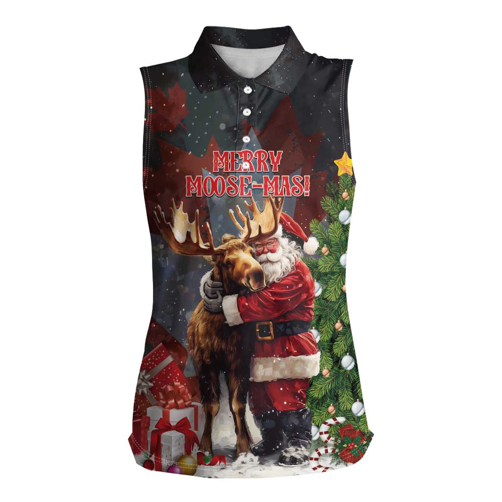 Christmas Canada Women Sleeveless Polo Shirt Merry Moose-Mas Santa Hugging A Moose - Wonder Print Shop