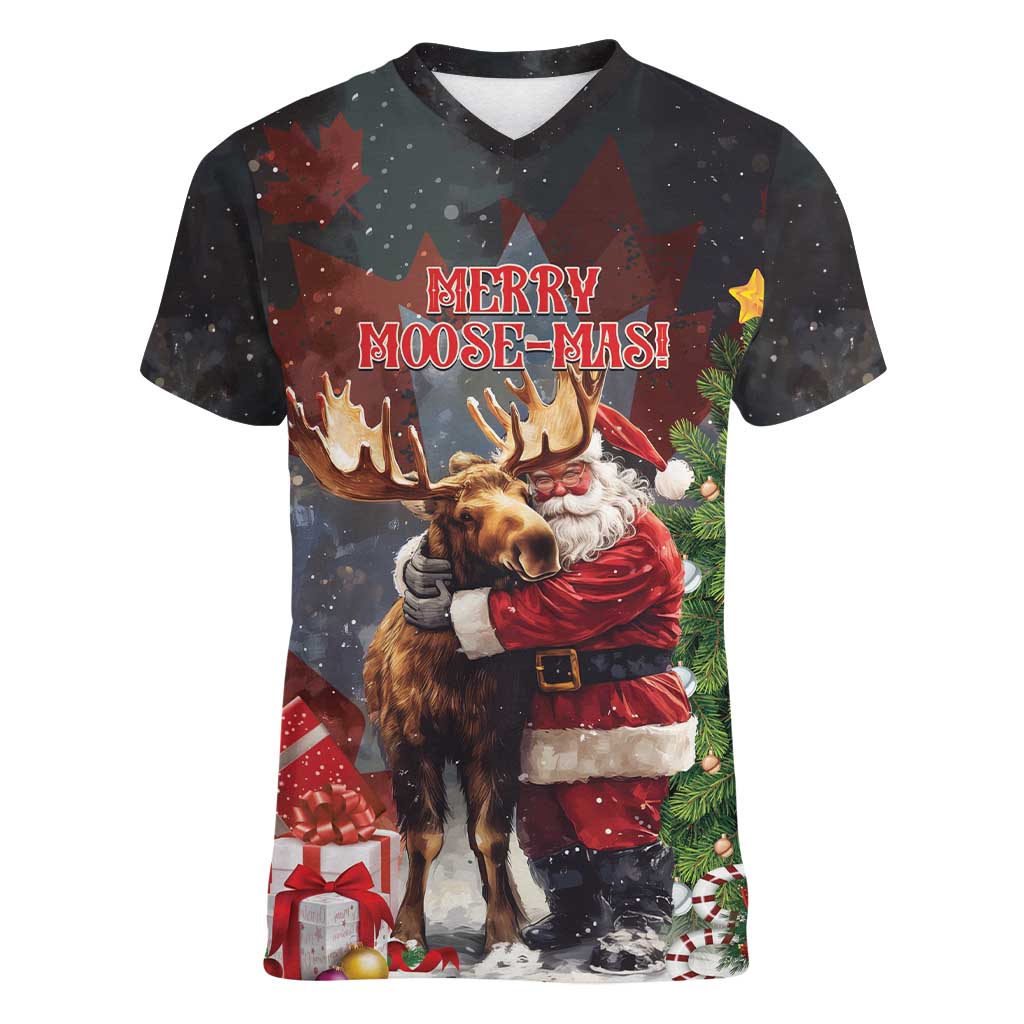 Christmas Canada Women V-Neck T-Shirt Merry Moose-Mas Santa Hugging A Moose - Wonder Print Shop