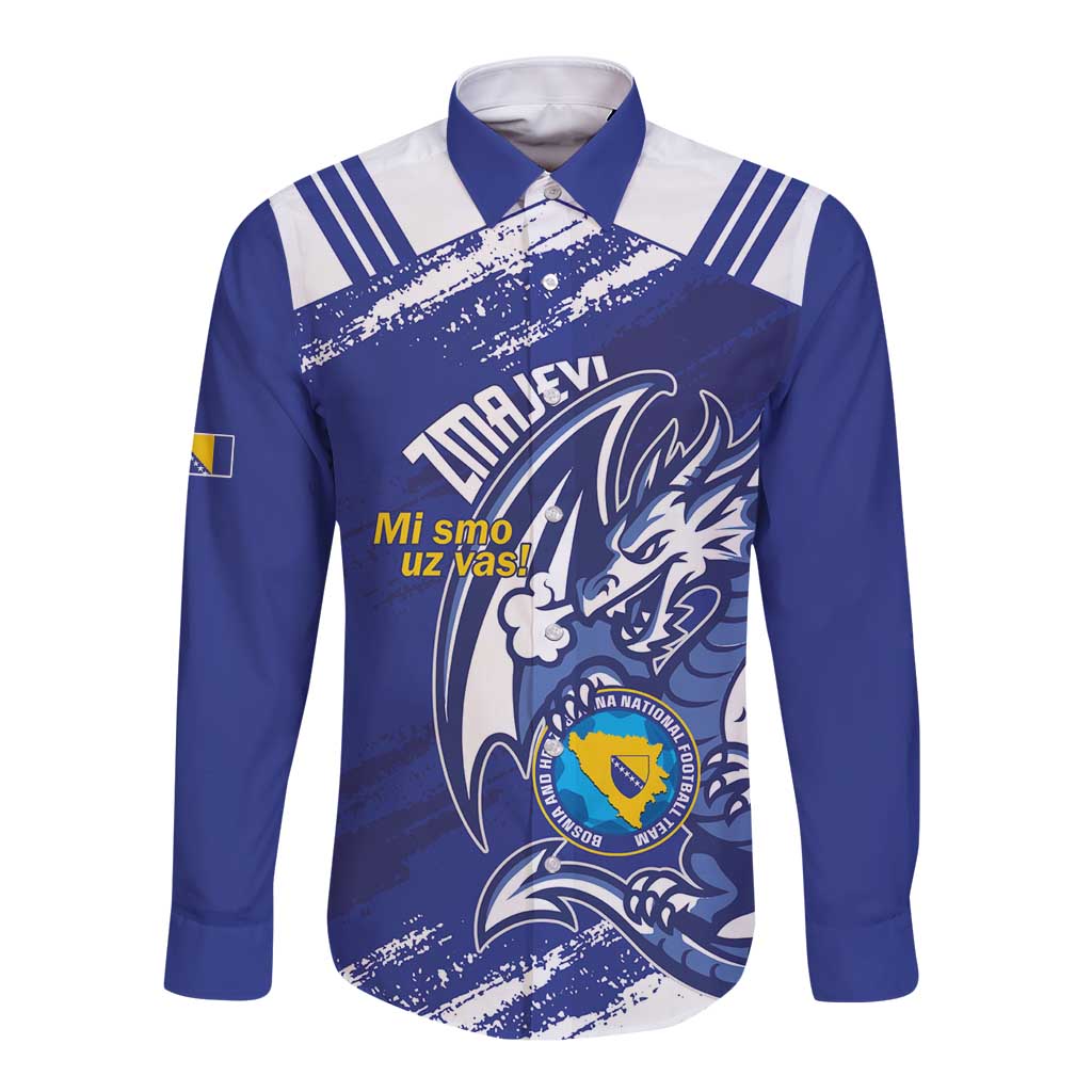 Bosnia and Herzegovina Football Custom Long Sleeve Button Shirt Go Zmajevi Mi smo uz vas Blue Version - Wonder Print Shop