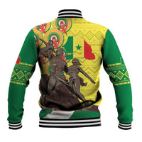 Unisex baseball jacket with yellow-and-green African print, large mural graphic on back
