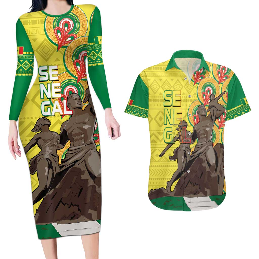 Senegal African Renaissance Monument Couples Matching Long Sleeve Bodycon Dress and Hawaiian Shirt Ankara Pattern