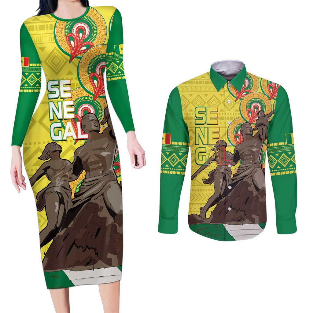 Senegal African Renaissance Monument Couples Matching Long Sleeve Bodycon Dress and Long Sleeve Button Shirt Ankara Pattern