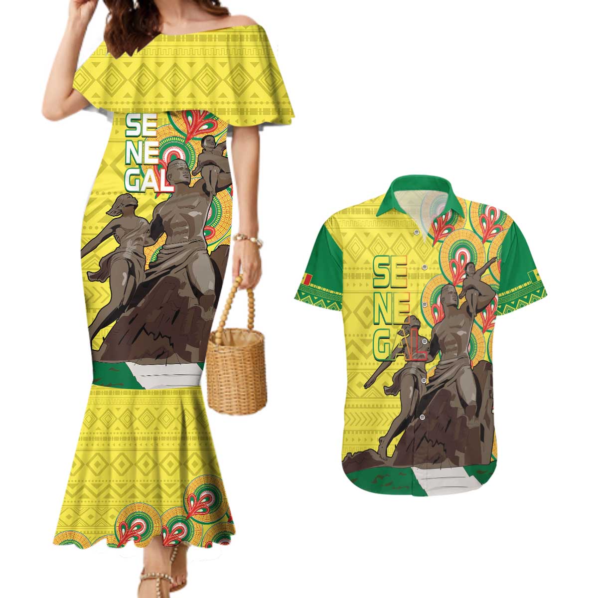 Senegal African Renaissance Monument Couples Matching Mermaid Dress and Hawaiian Shirt Ankara Pattern