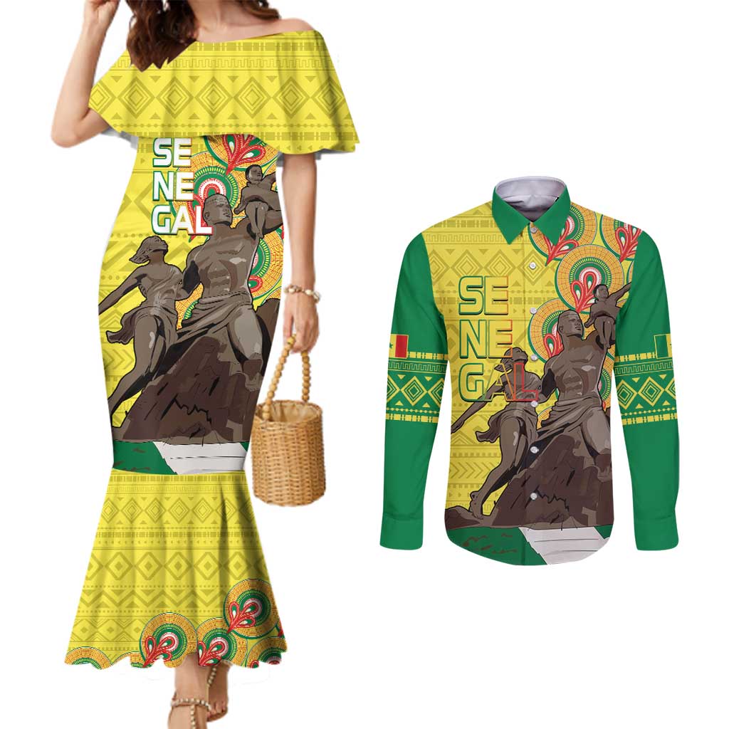 Senegal African Renaissance Monument Couples Matching Mermaid Dress and Long Sleeve Button Shirt Ankara Pattern