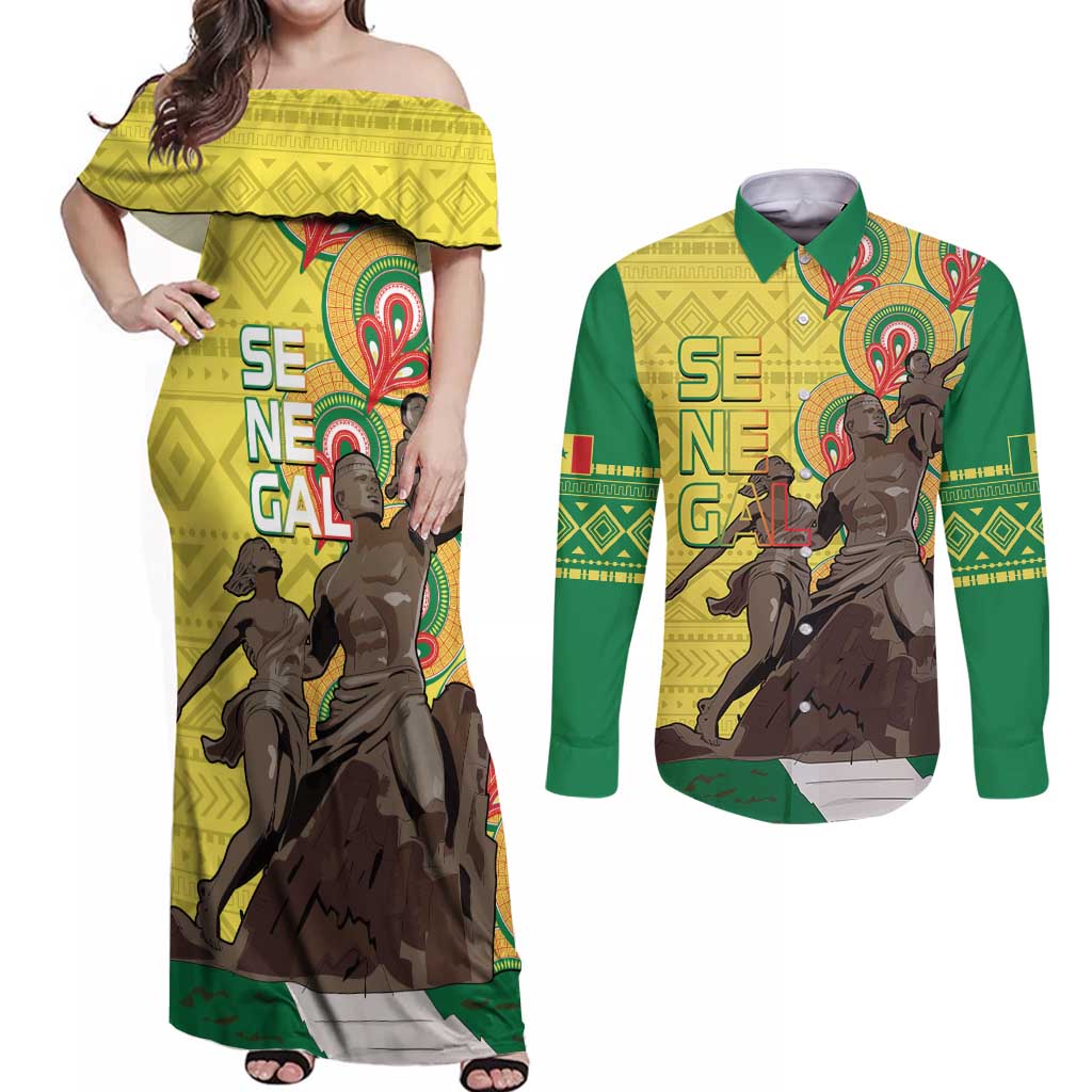 Senegal African Renaissance Monument Couples Matching Off Shoulder Maxi Dress and Long Sleeve Button Shirt Ankara Pattern