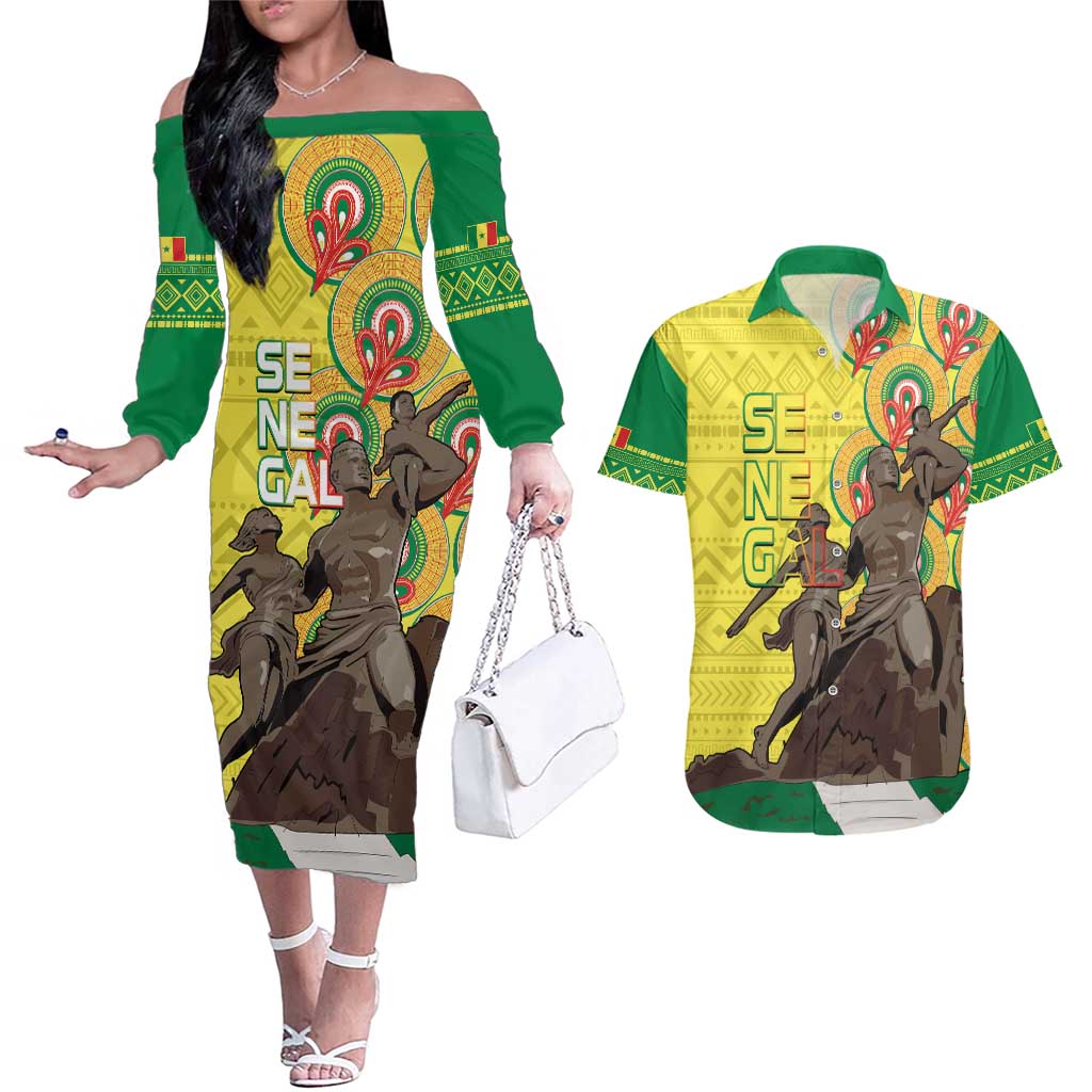 Senegal African Renaissance Monument Couples Matching Off The Shoulder Long Sleeve Dress and Hawaiian Shirt Ankara Pattern