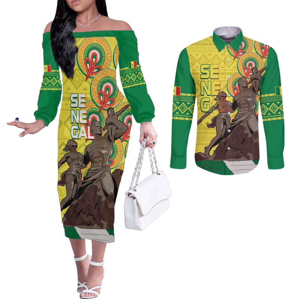 Senegal African Renaissance Monument Couples Matching Off The Shoulder Long Sleeve Dress and Long Sleeve Button Shirt Ankara Pattern