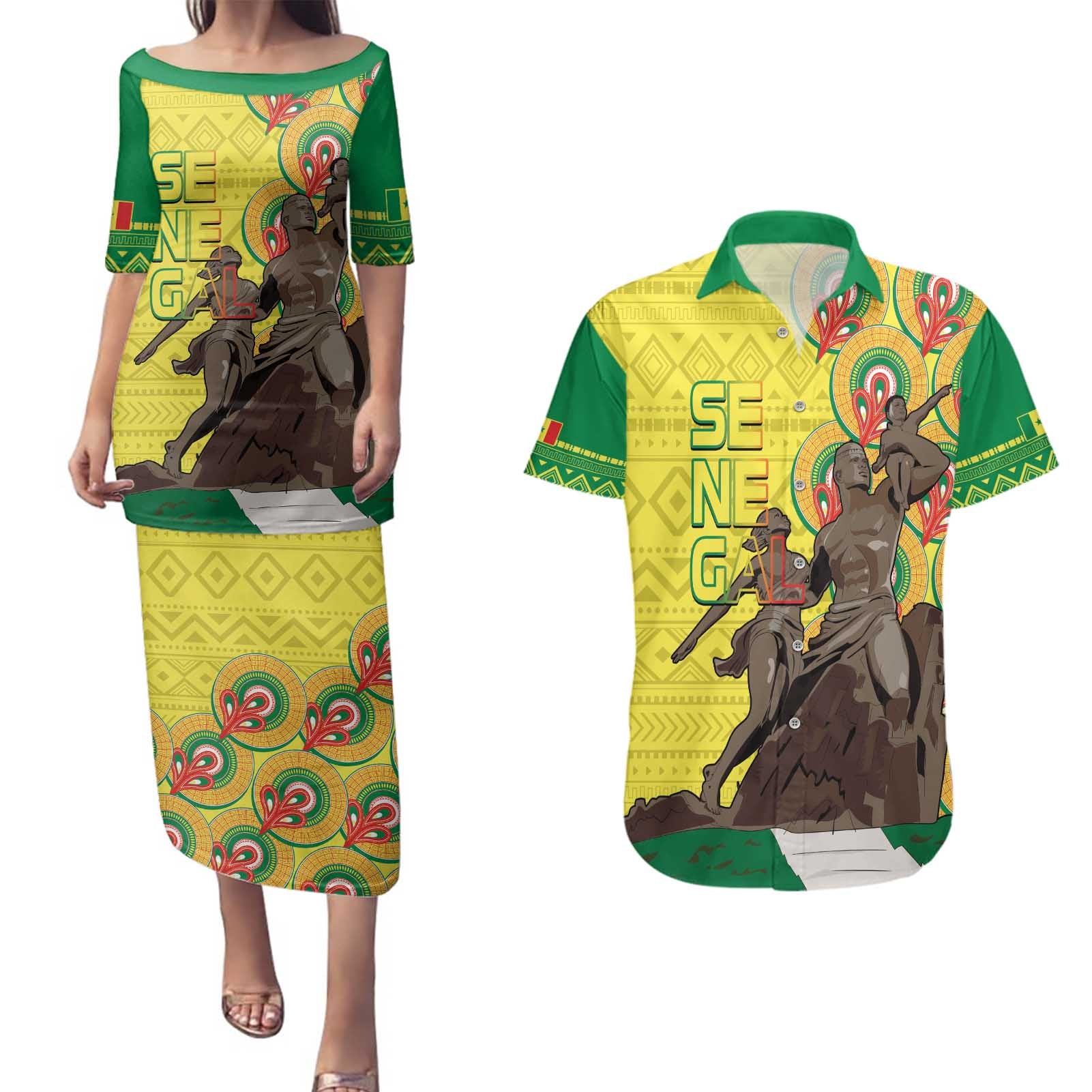 Senegal African Renaissance Monument Couples Matching Puletasi and Hawaiian Shirt Ankara Pattern