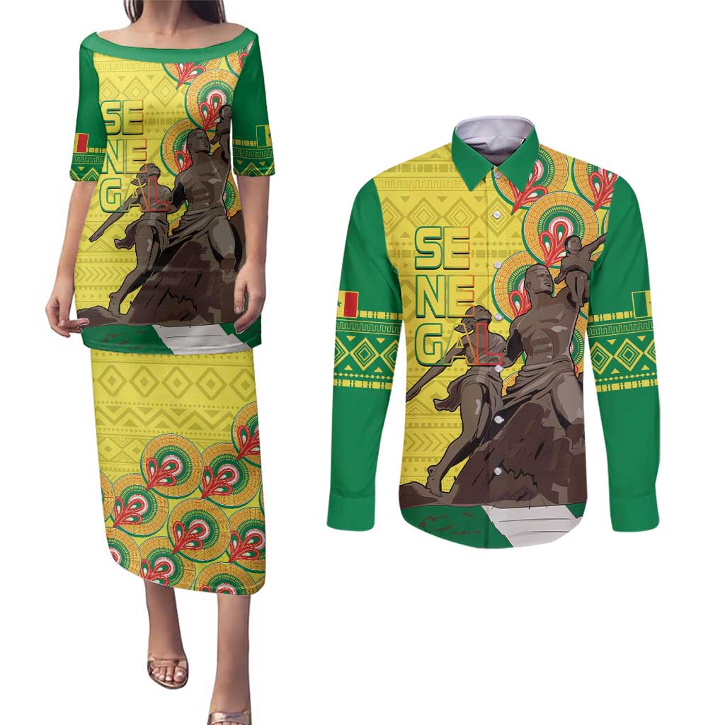 Senegal African Renaissance Monument Couples Matching Puletasi and Long Sleeve Button Shirt Ankara Pattern