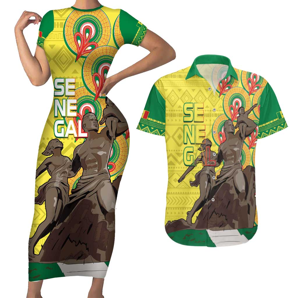 Senegal African Renaissance Monument Couples Matching Short Sleeve Bodycon Dress and Hawaiian Shirt Ankara Pattern