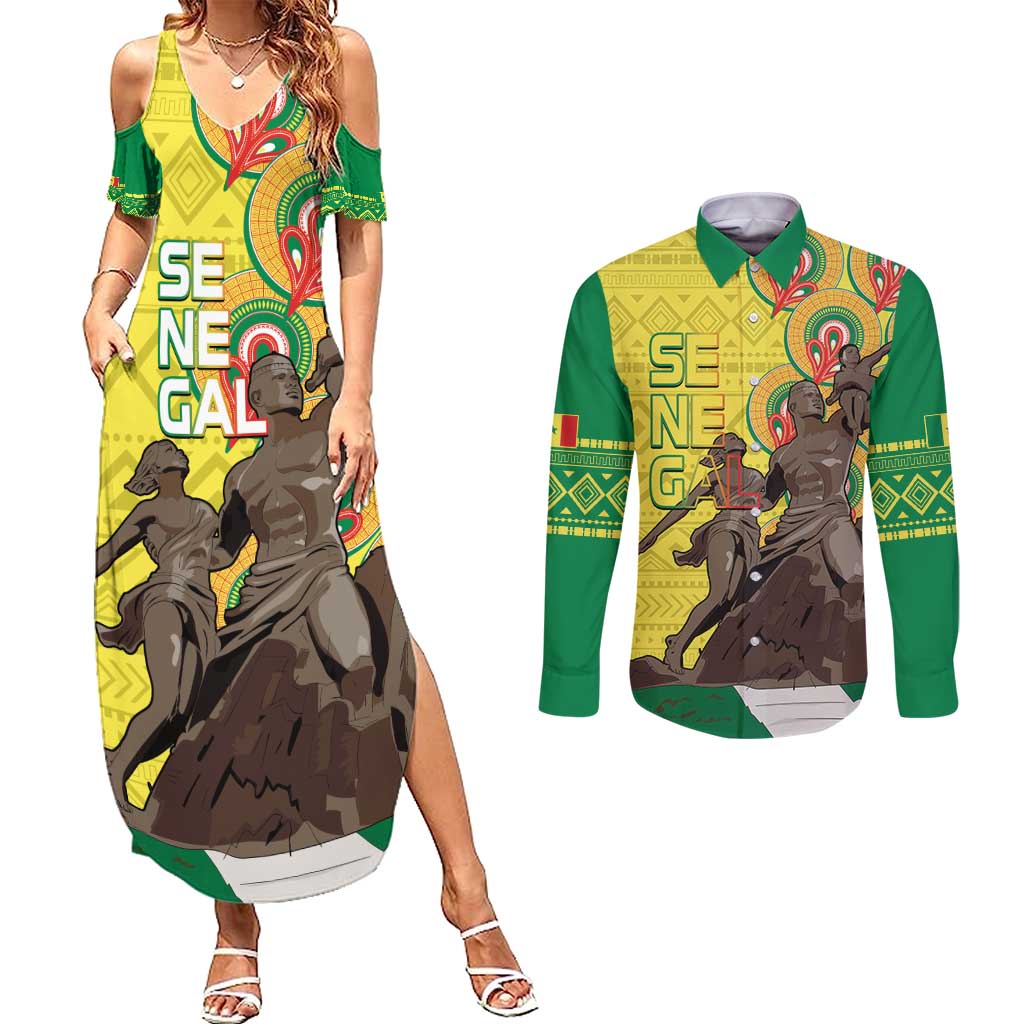 Senegal African Renaissance Monument Couples Matching Summer Maxi Dress and Long Sleeve Button Shirt Ankara Pattern