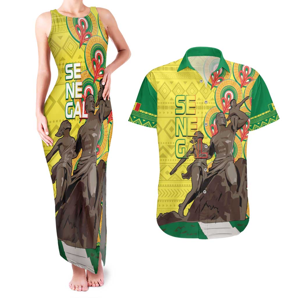 Senegal African Renaissance Monument Couples Matching Tank Maxi Dress and Hawaiian Shirt Ankara Pattern