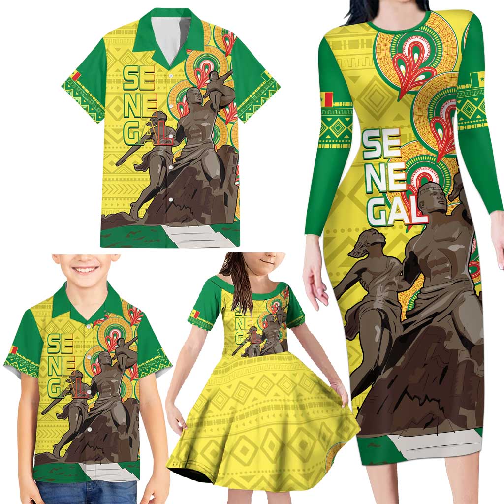 Senegal African Renaissance Monument Family Matching Long Sleeve Bodycon Dress and Hawaiian Shirt Ankara Pattern