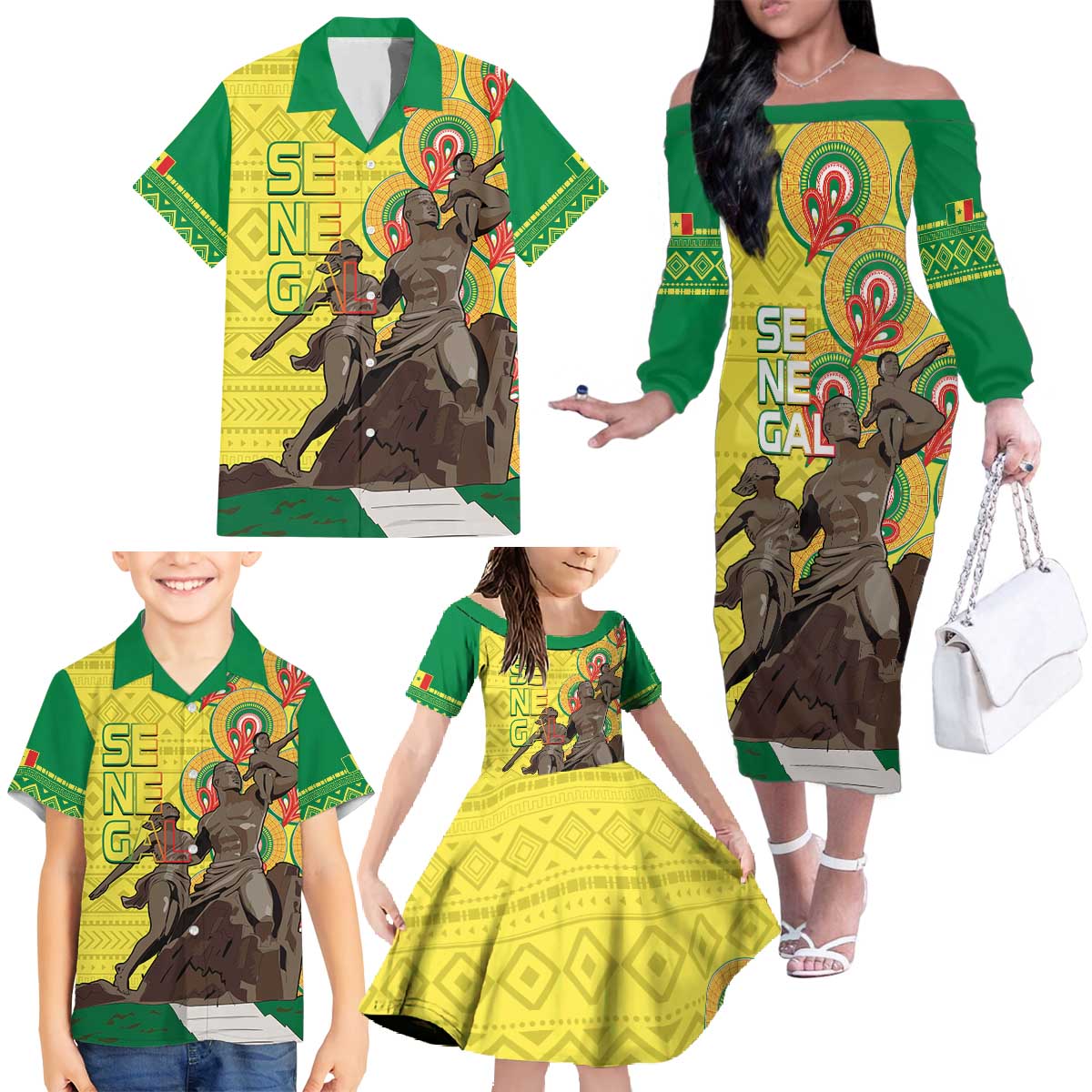 Senegal African Renaissance Monument Family Matching Off The Shoulder Long Sleeve Dress and Hawaiian Shirt Ankara Pattern