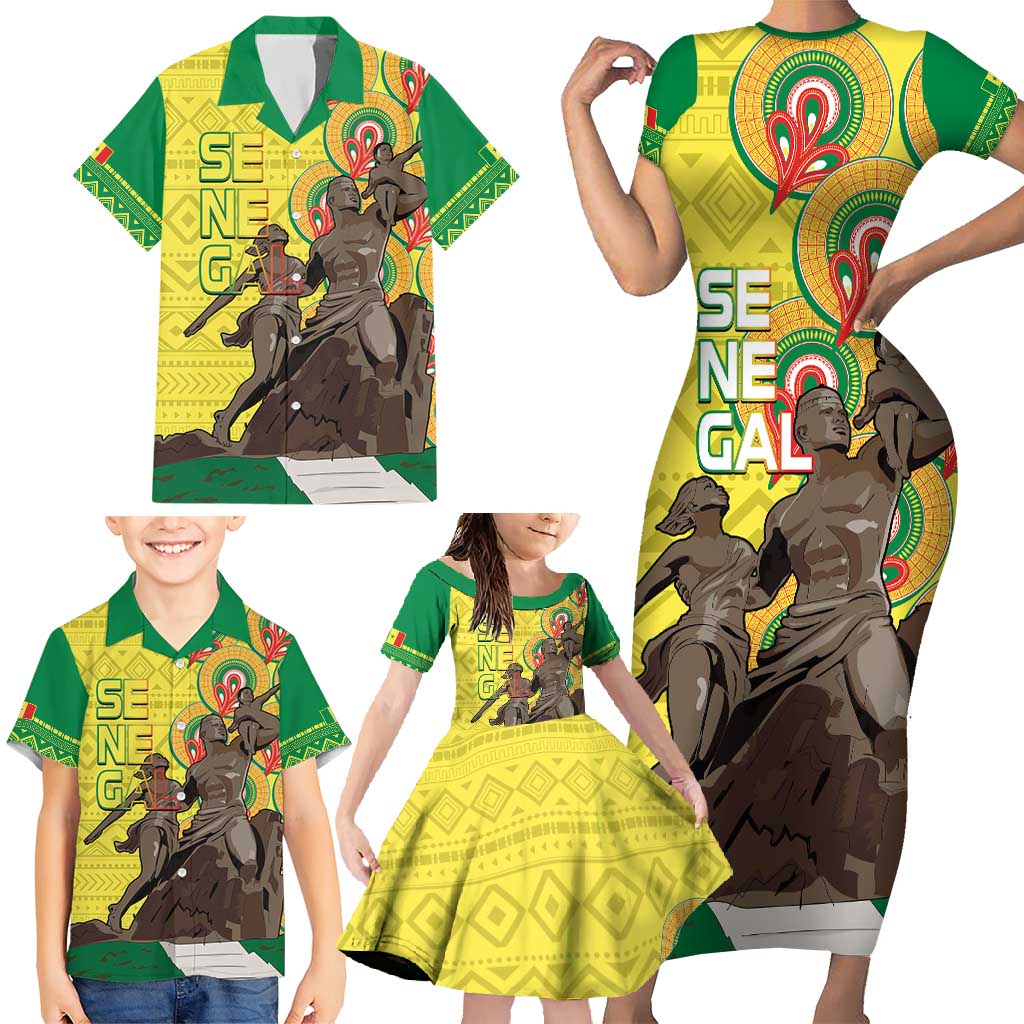 Senegal African Renaissance Monument Family Matching Short Sleeve Bodycon Dress and Hawaiian Shirt Ankara Pattern