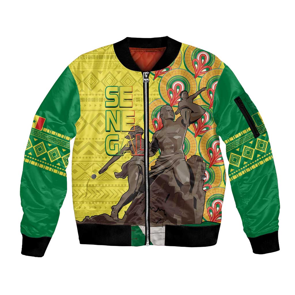 Senegal African Renaissance Monument Sleeve Zip Bomber Jacket Ankara Pattern