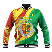 Baseball jacket with striped rib collar, green red yellow, coat of arms graphic front