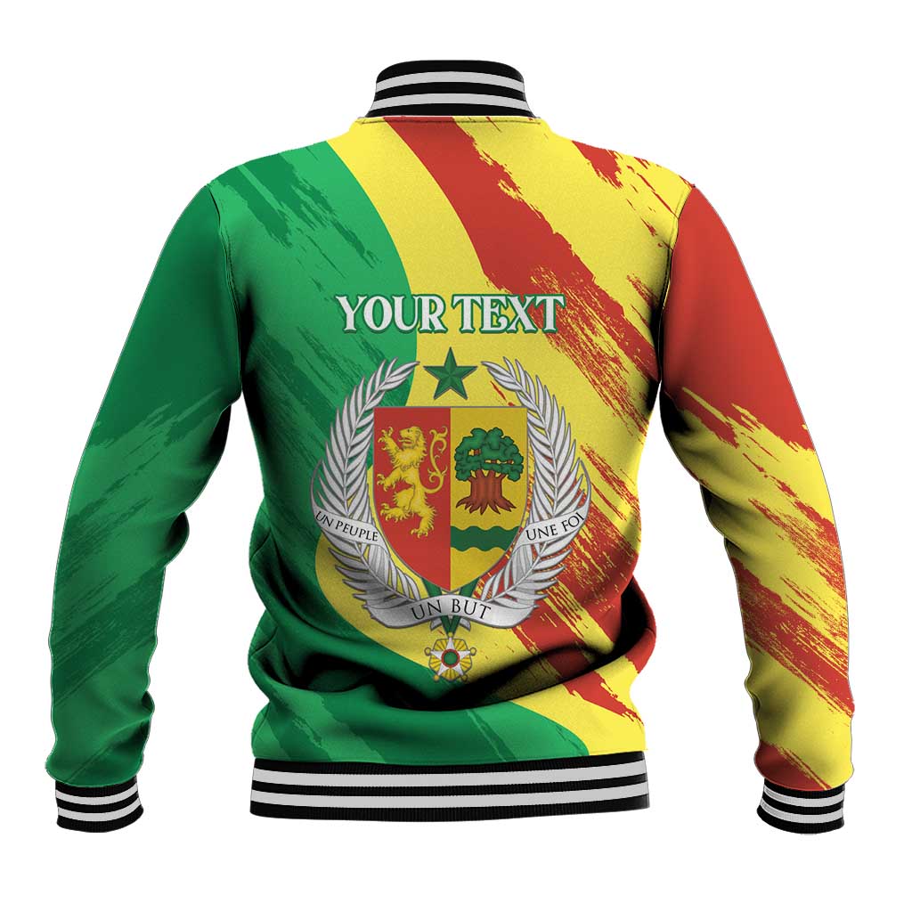 Baseball jacket back with striped cuffs, green red yellow, coat of arms and 'YOUR TEXT'