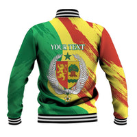 Baseball jacket back with striped cuffs, green red yellow, coat of arms and 'YOUR TEXT'