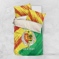 Bedding set on light fabric background with coat emblem, “YOUR TEXT,” and flag colors