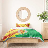 Bed set cover with yellow-red streaks, green panel, coat emblem, and “YOUR TEXT”